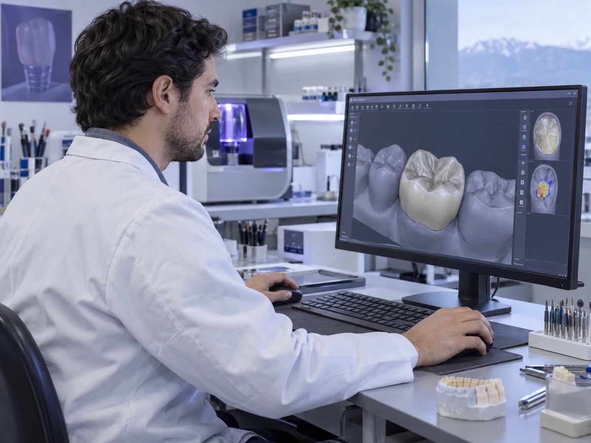 Técnico dental trabajando en una restauración CAD